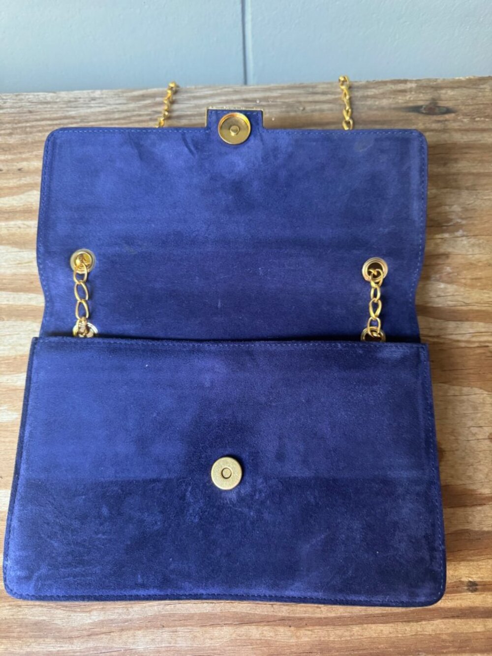 Lancel Paris Suede Shoulder Bag Vintage Colorblock Blue Brown Gold Chain Purse - Picture 3 of 9